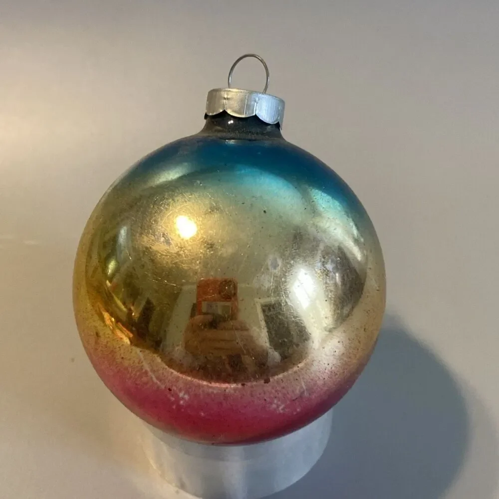 Vintage Christmas Ombre Glass Ornament Hand Made In USA Blue Pink Gold Fade